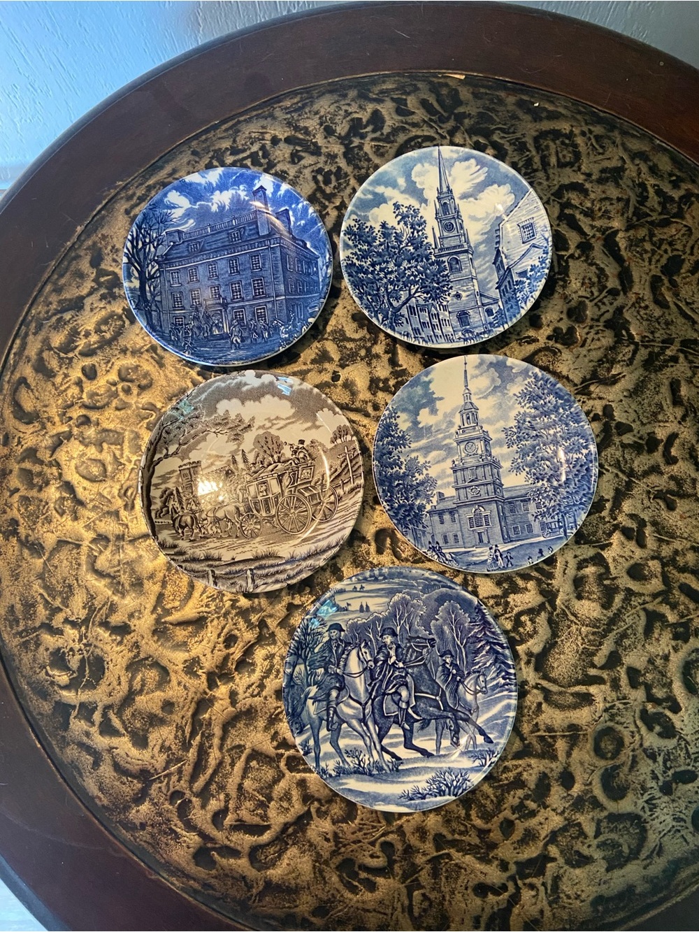 Blue and Cream Scenic Decorative Ceramic Wall Plates - Set of 5